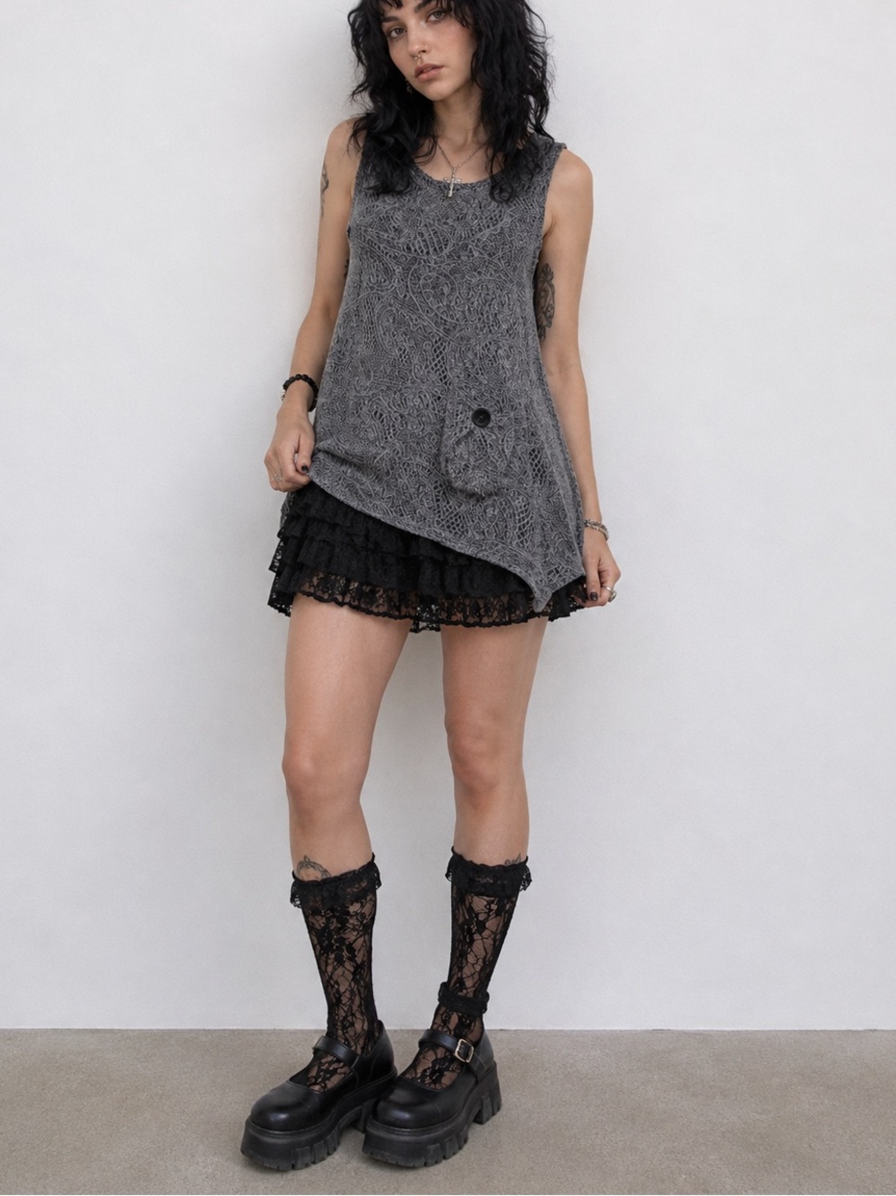 1990s Papa Vancouver Knit Lace Whimsy Grey Fairy Mini Dress